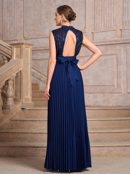 Party Dresses High Neck Sequin Sleeveless Back Bow Pleated Maxi Evening Gown