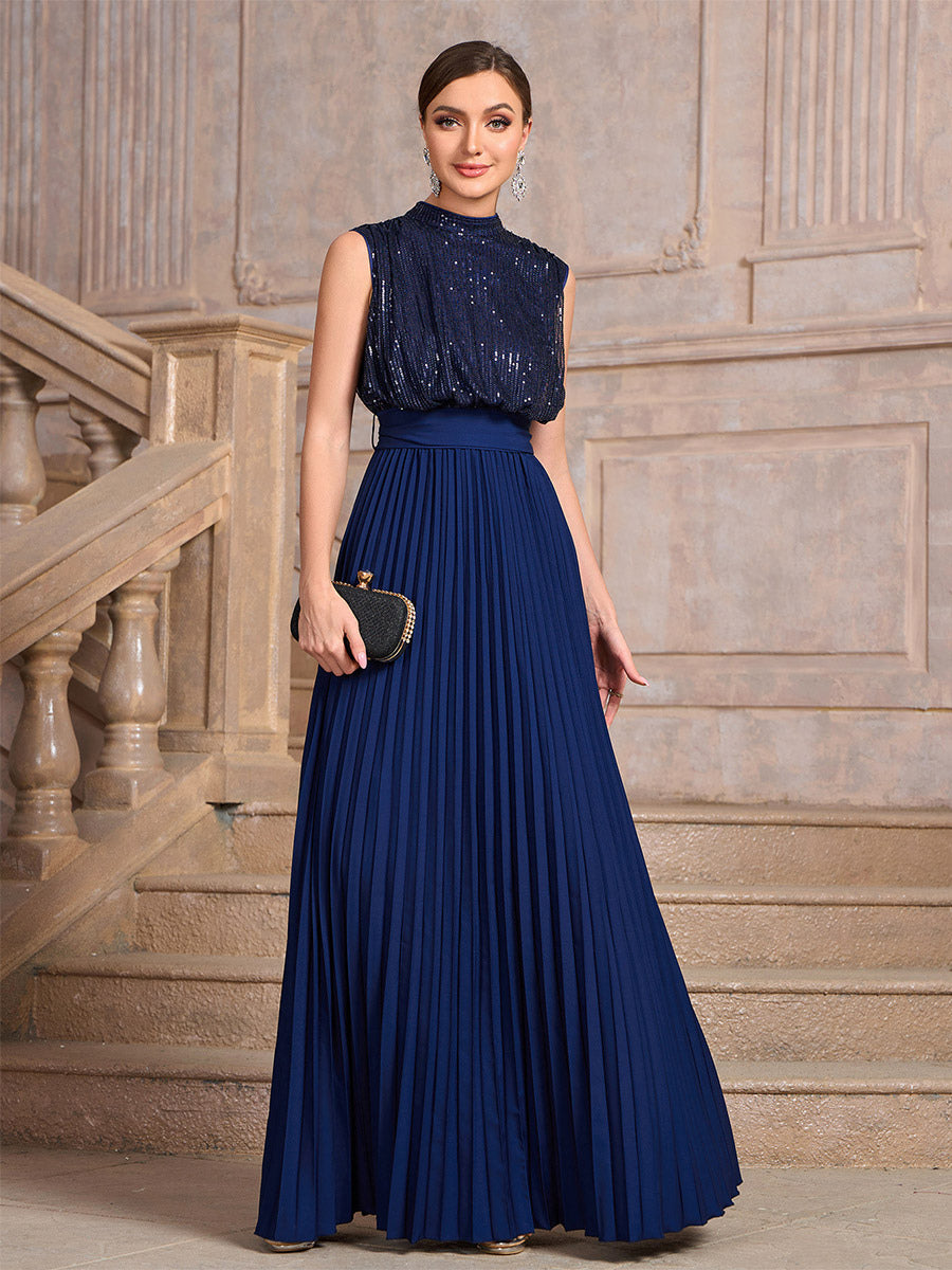 Party Dresses High Neck Sequin Sleeveless Back Bow Pleated Maxi Evening Gown