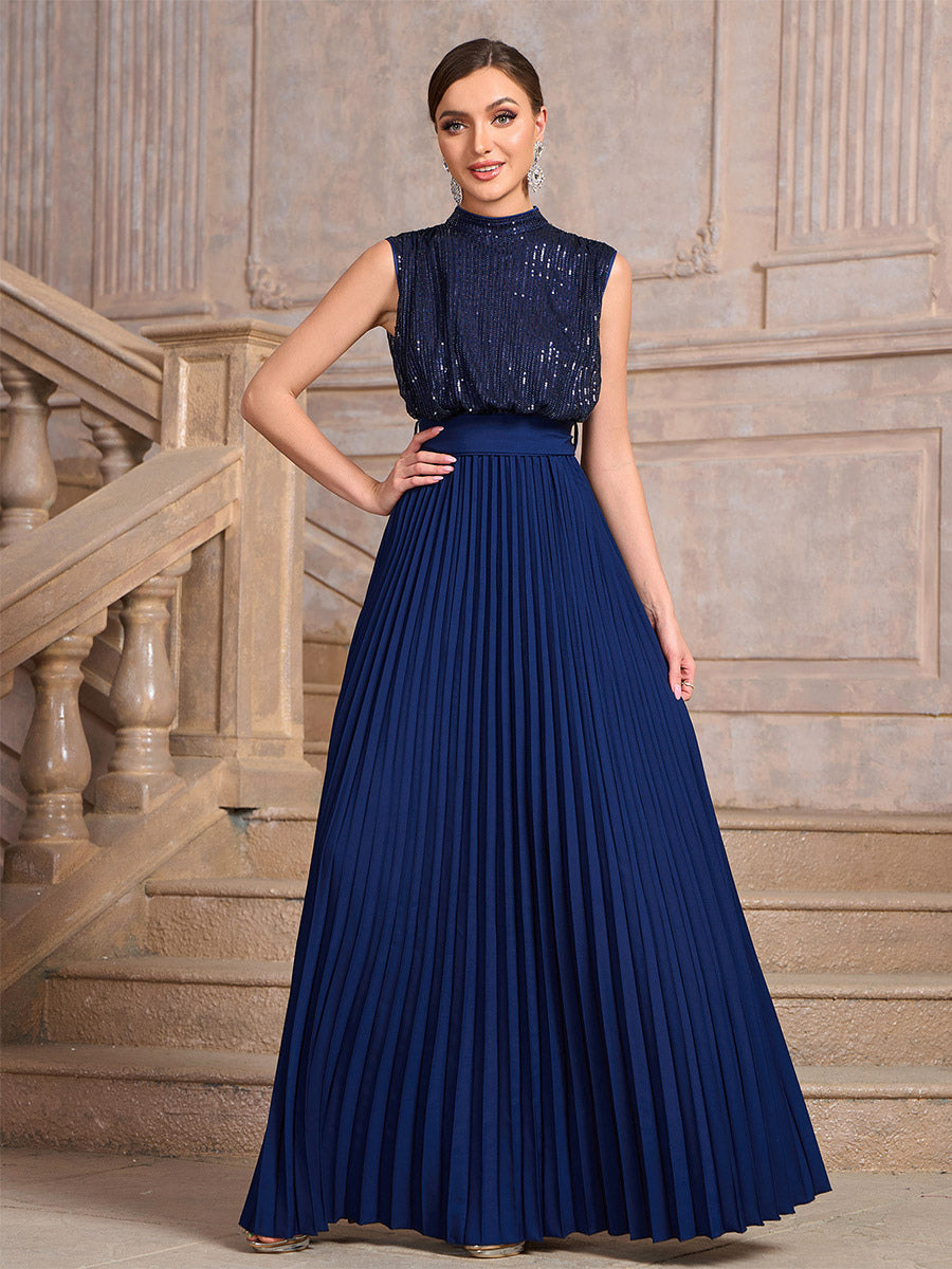 Party Dresses High Neck Sequin Sleeveless Back Bow Pleated Maxi Evening Gown