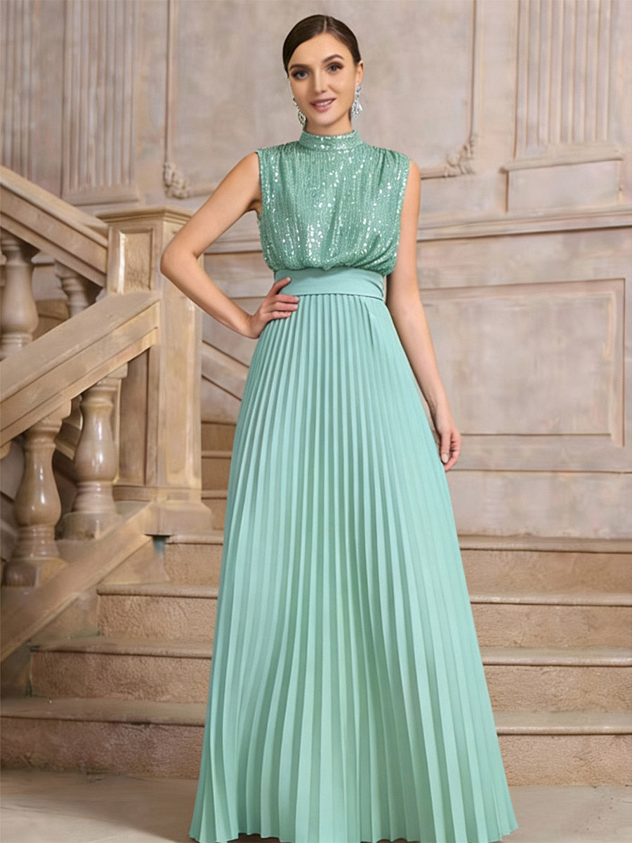 Party Dresses High Neck Sequin Sleeveless Back Bow Pleated Maxi Evening Gown