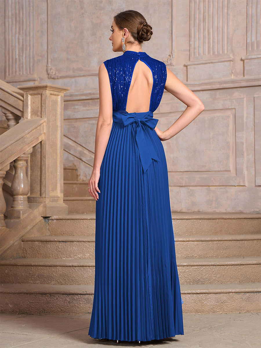 Party Dresses High Neck Sequin Sleeveless Back Bow Pleated Maxi Evening Gown
