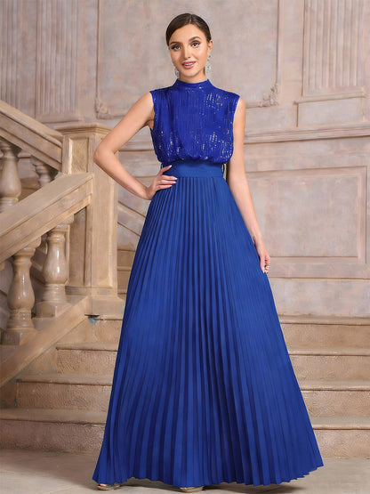 Party Dresses High Neck Sequin Sleeveless Back Bow Pleated Maxi Evening Gown