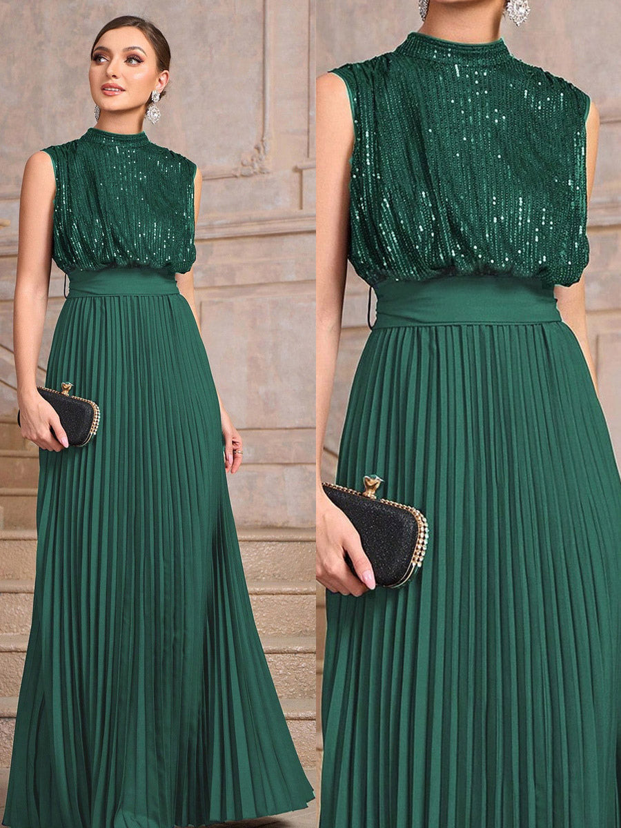 Party Dresses High Neck Sequin Sleeveless Back Bow Pleated Maxi Evening Gown