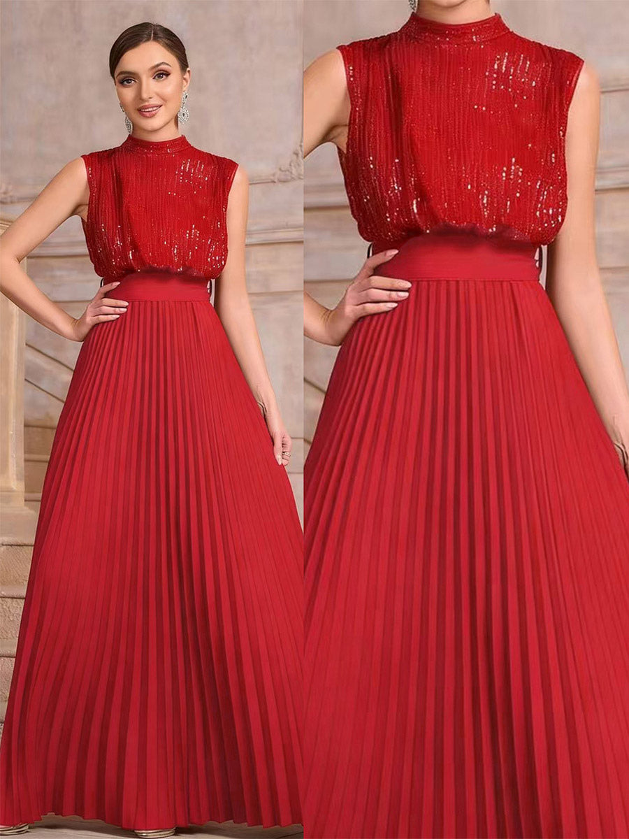 Party Dresses High Neck Sequin Sleeveless Back Bow Pleated Maxi Evening Gown