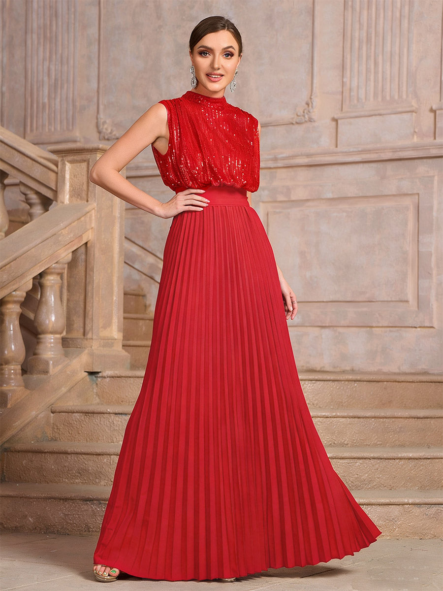 Party Dresses High Neck Sequin Sleeveless Back Bow Pleated Maxi Evening Gown