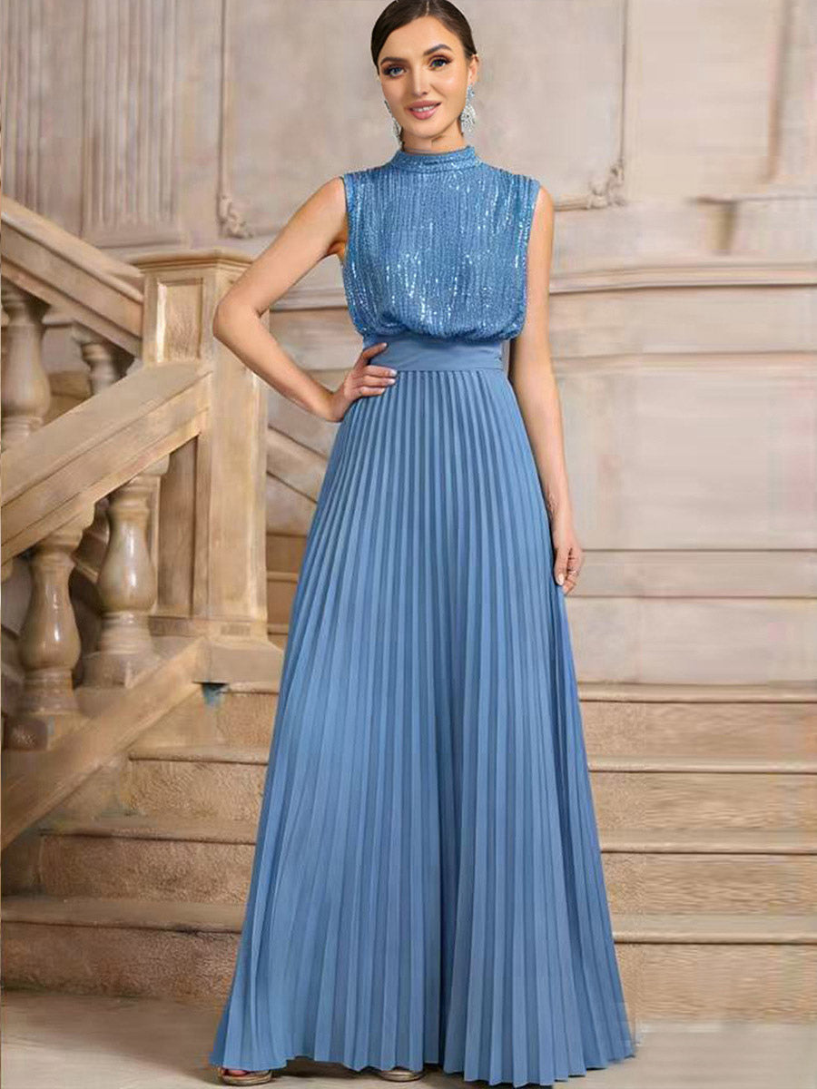 Party Dresses High Neck Sequin Sleeveless Back Bow Pleated Maxi Evening Gown