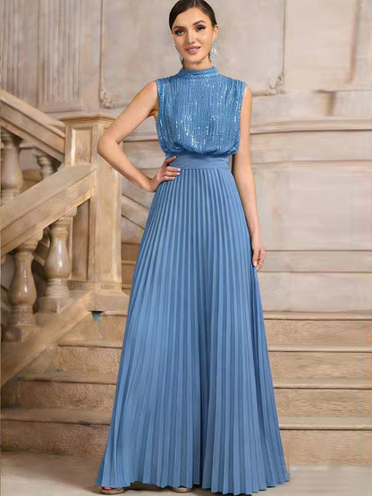 Party Dresses High Neck Sequin Sleeveless Back Bow Pleated Maxi Evening Gown
