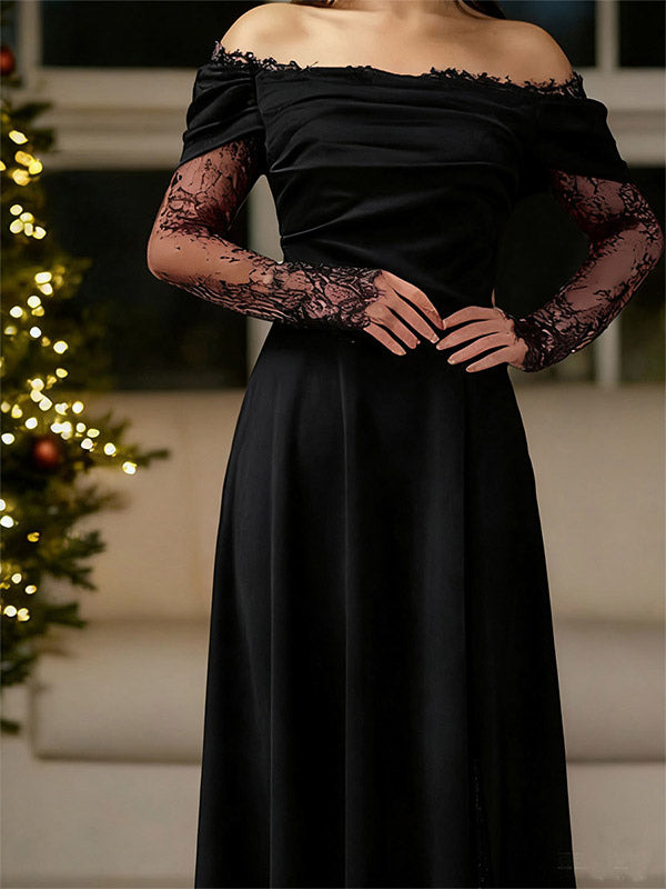 Off Shoulder Eyelash Lace Long Sleeve Slit A-Line Maxi Evening Gown
