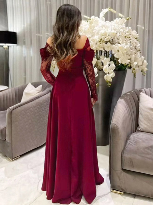 Off Shoulder Eyelash Lace Long Sleeve Slit A-Line Maxi Evening Gown