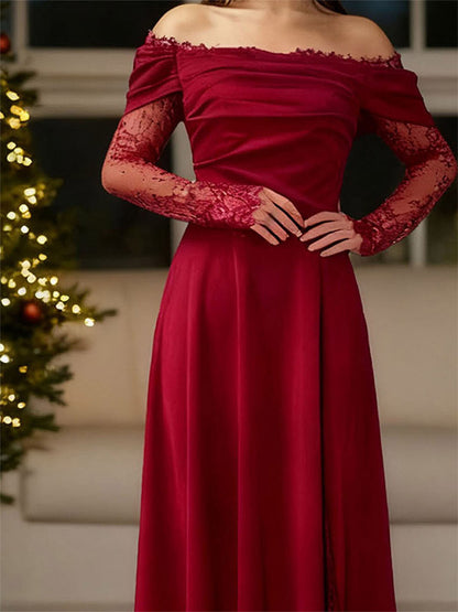 Off Shoulder Eyelash Lace Long Sleeve Slit A-Line Maxi Evening Gown