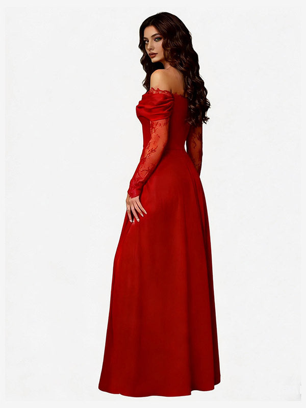 Off Shoulder Eyelash Lace Long Sleeve Slit A-Line Maxi Evening Gown