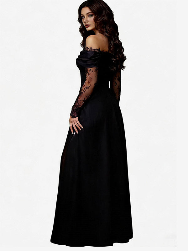 Off Shoulder Eyelash Lace Long Sleeve Slit A-Line Maxi Evening Gown
