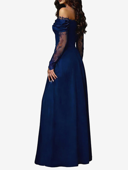 Off Shoulder Eyelash Lace Long Sleeve Slit A-Line Maxi Evening Gown