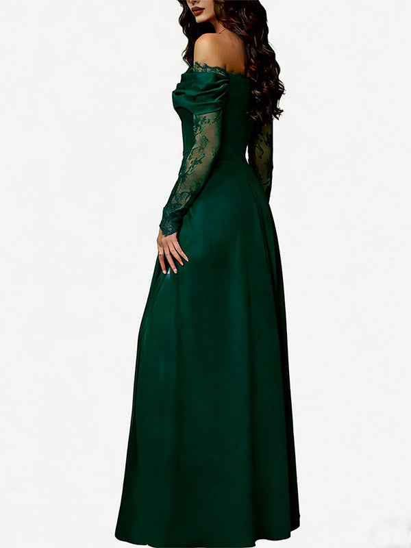 Off Shoulder Eyelash Lace Long Sleeve Slit A-Line Maxi Evening Gown