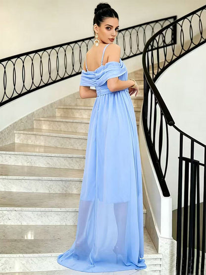 Party Dresses Off Shoulder Spaghetti Strap Chiffon Flowy Maxi Bridesmaid Dress
