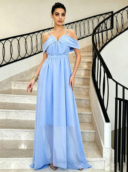 Party Dresses Off Shoulder Spaghetti Strap Chiffon Flowy Maxi Bridesmaid Dress