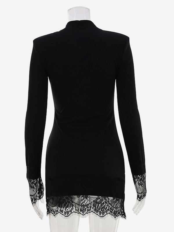 Night Out Dresses Mandarin Collar Gold Button Lace Cuff Long Sleeve Bodycon Mini Dress
