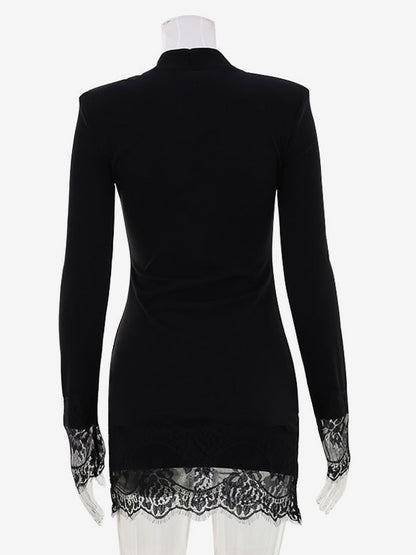 Night Out Dresses Mandarin Collar Gold Button Lace Cuff Long Sleeve Bodycon Mini Dress