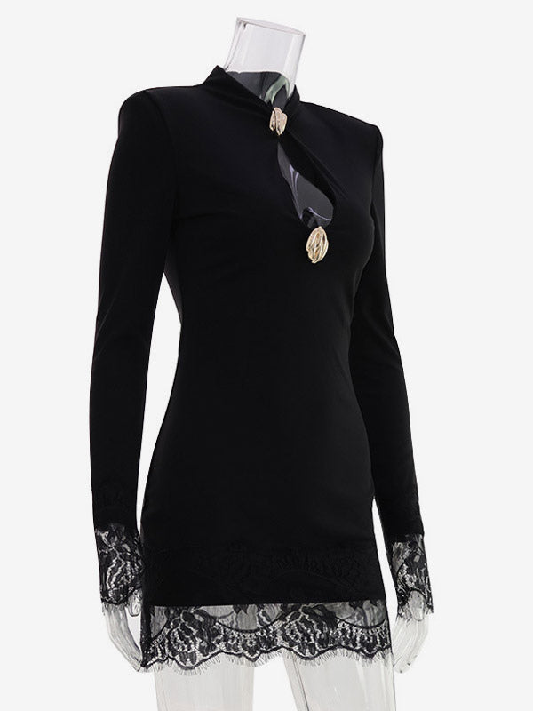Night Out Dresses Mandarin Collar Gold Button Lace Cuff Long Sleeve Bodycon Mini Dress