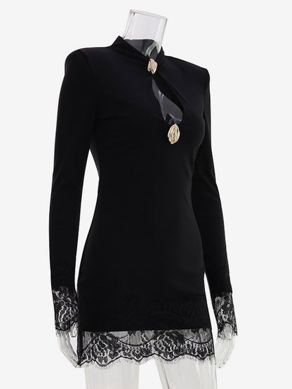 Night Out Dresses Mandarin Collar Gold Button Lace Cuff Long Sleeve Bodycon Mini Dress