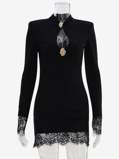 Night Out Dresses Mandarin Collar Gold Button Lace Cuff Long Sleeve Bodycon Mini Dress