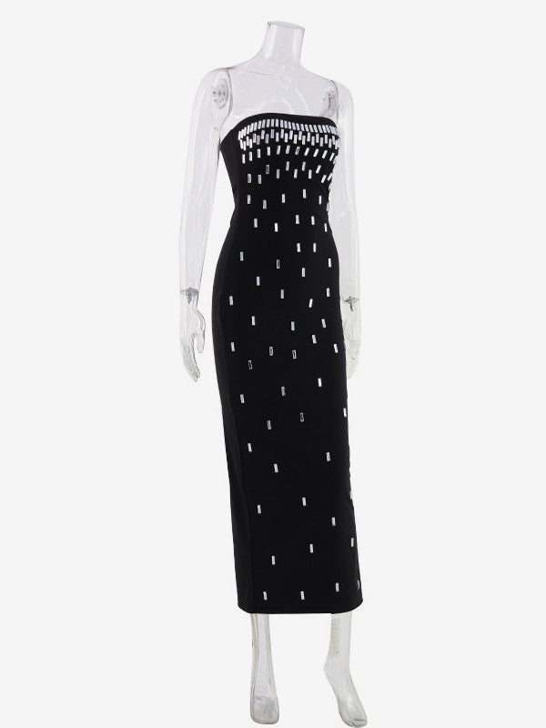 Night Out Dresses Strapless Rhinestone Embellished Bodycon Midi Dress Back Split Evening Gown