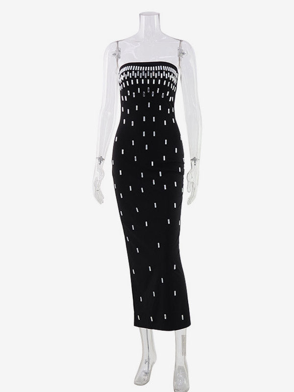 Night Out Dresses Strapless Rhinestone Embellished Bodycon Midi Dress Back Split Evening Gown