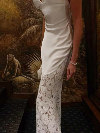 Party Dresses Deep V Lace Satin Spaghetti Strap Backless Mermaid Maxi Dress