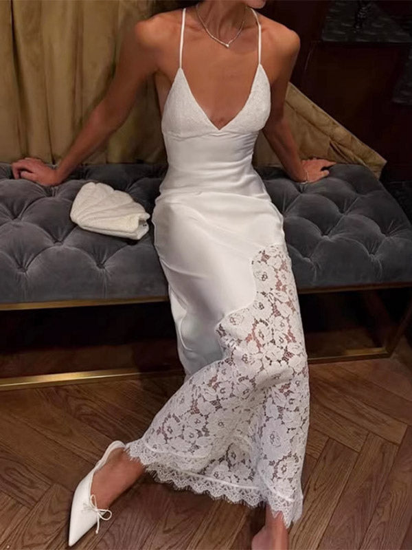 Party Dresses Deep V Lace Satin Spaghetti Strap Backless Mermaid Maxi Dress