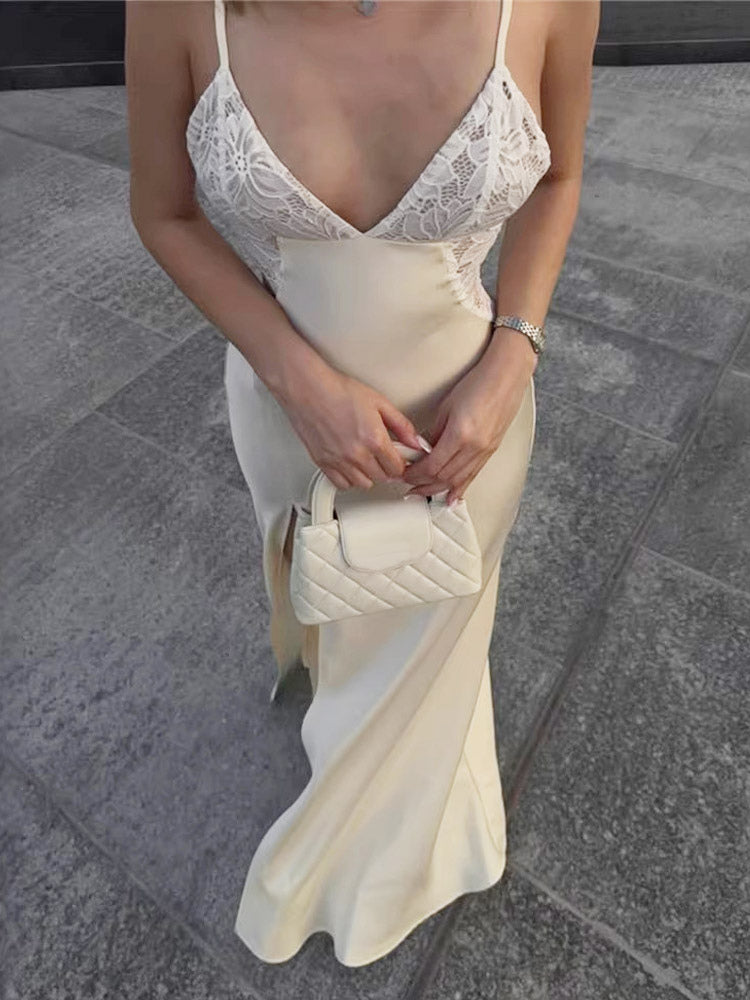 Daily Dresses Deep V Lace Satin Spaghetti Strap Slit Mermaid Maxi Dress