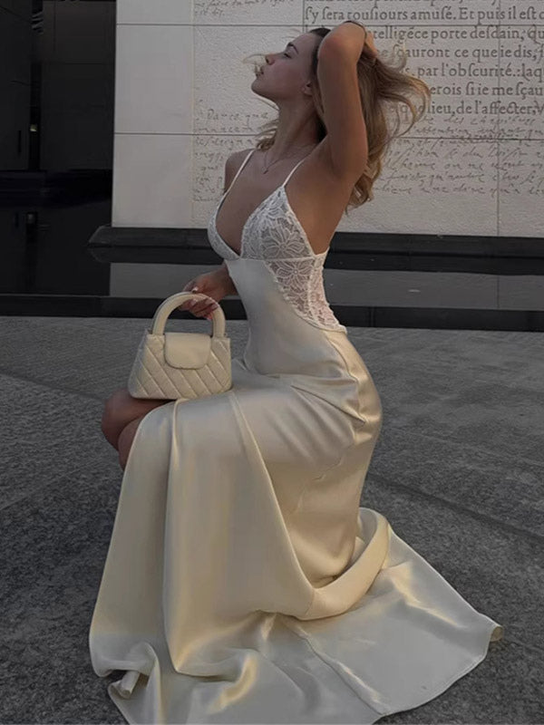 Daily Dresses Deep V Lace Satin Spaghetti Strap Slit Mermaid Maxi Dress