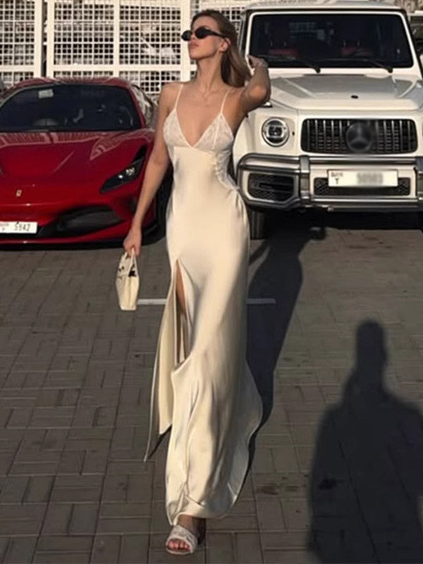 Daily Dresses Deep V Lace Satin Spaghetti Strap Slit Mermaid Maxi Dress