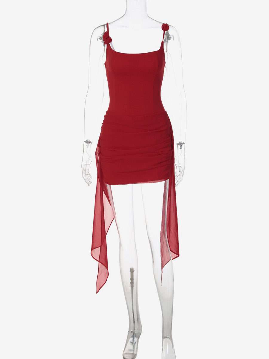 Night Out Dresses Date Night Red Brown Square Neck Flower Strap Lace Up Back Ruched Mini Club Dress