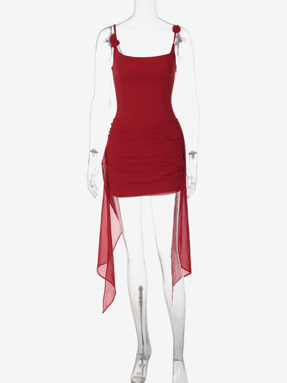 Night Out Dresses Date Night Red Brown Square Neck Flower Strap Lace Up Back Ruched Mini Club Dress