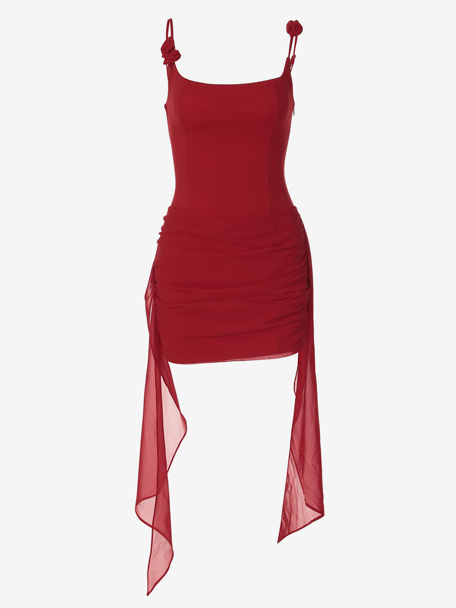 Night Out Dresses Date Night Red Brown Square Neck Flower Strap Lace Up Back Ruched Mini Club Dress