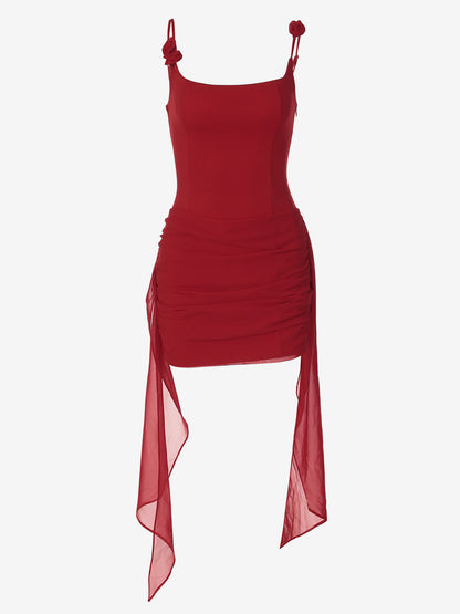 Night Out Dresses Date Night Red Brown Square Neck Flower Strap Lace Up Back Ruched Mini Club Dress
