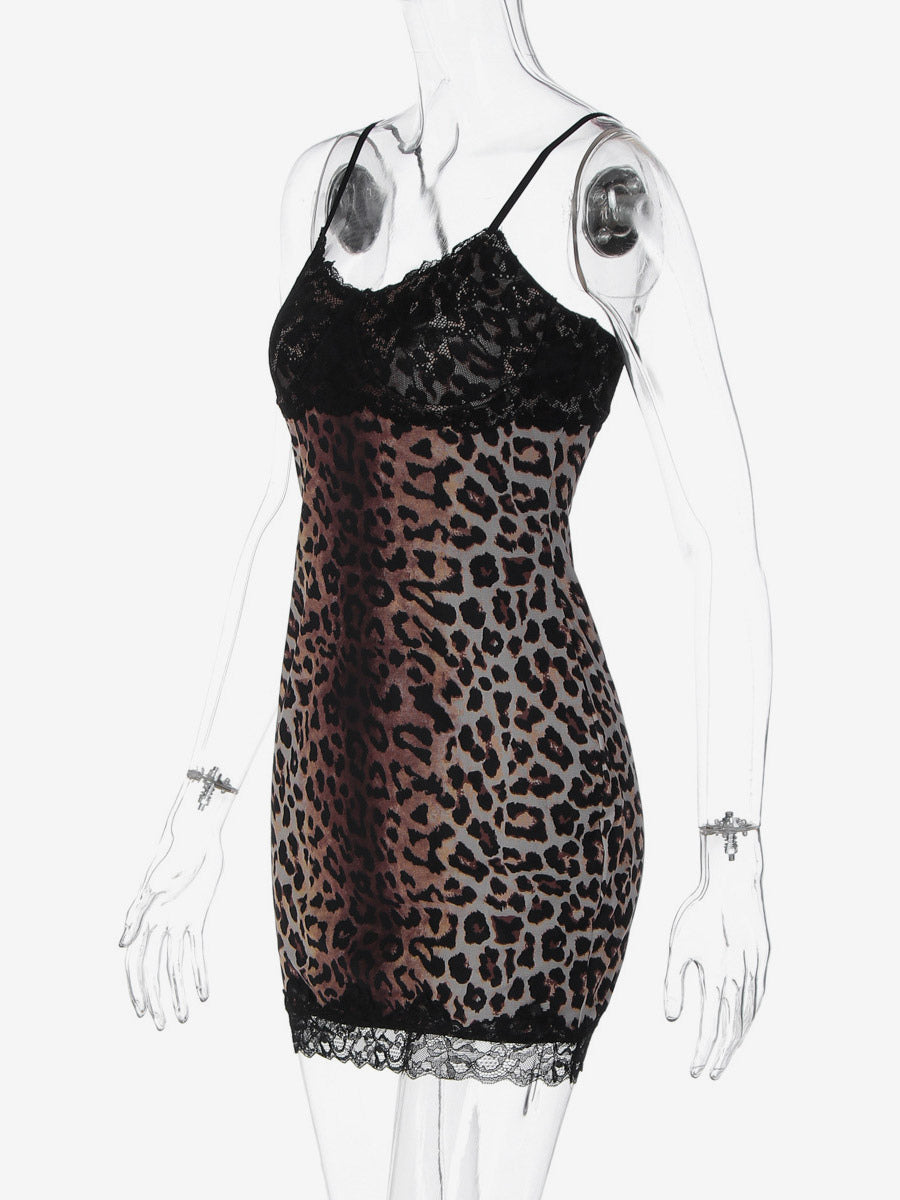 Night Out Dresses Wild Leopard Print Cami Slip Mini Lace Trim Strap Bodycon Night Chemise