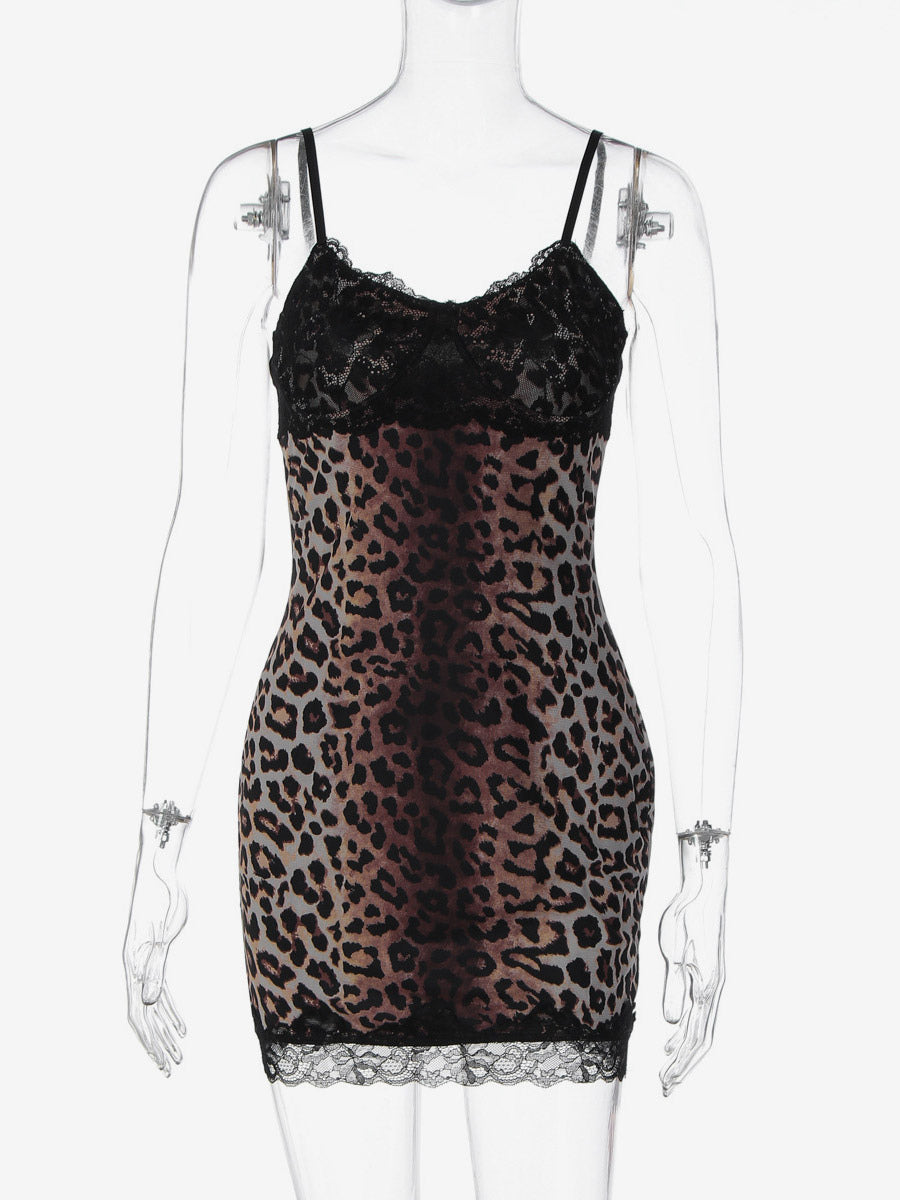 Night Out Dresses Wild Leopard Print Cami Slip Mini Lace Trim Strap Bodycon Night Chemise