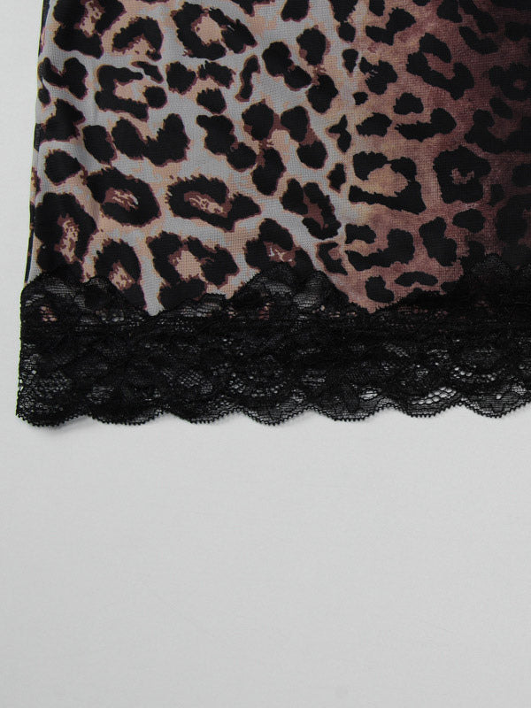 Night Out Dresses Wild Leopard Print Cami Slip Mini Lace Trim Strap Bodycon Night Chemise