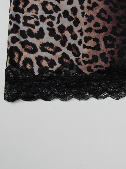Night Out Dresses Wild Leopard Print Cami Slip Mini Lace Trim Strap Bodycon Night Chemise