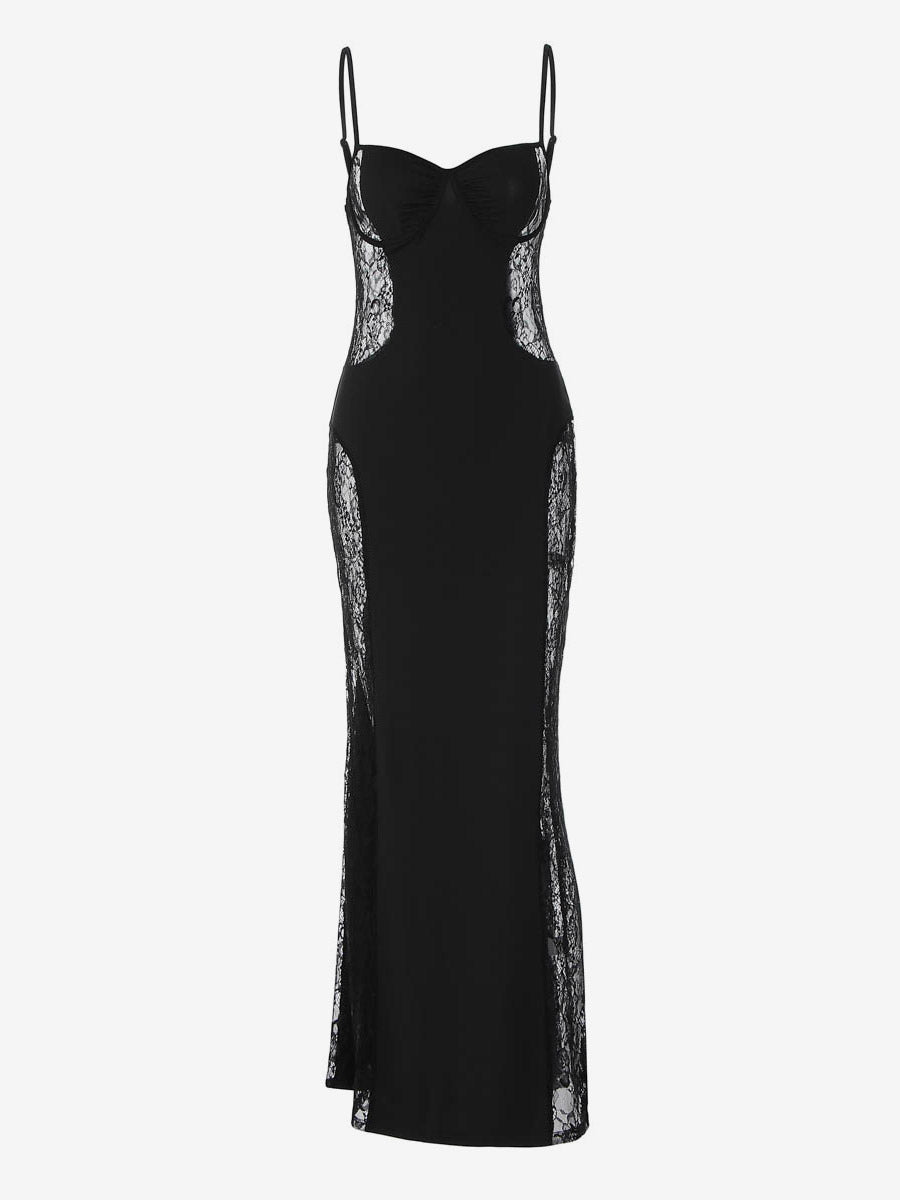 Night Out Dresses Black Side Sheer Lace Panel Mermaid Maxi Dress Nightclub Formal Gown