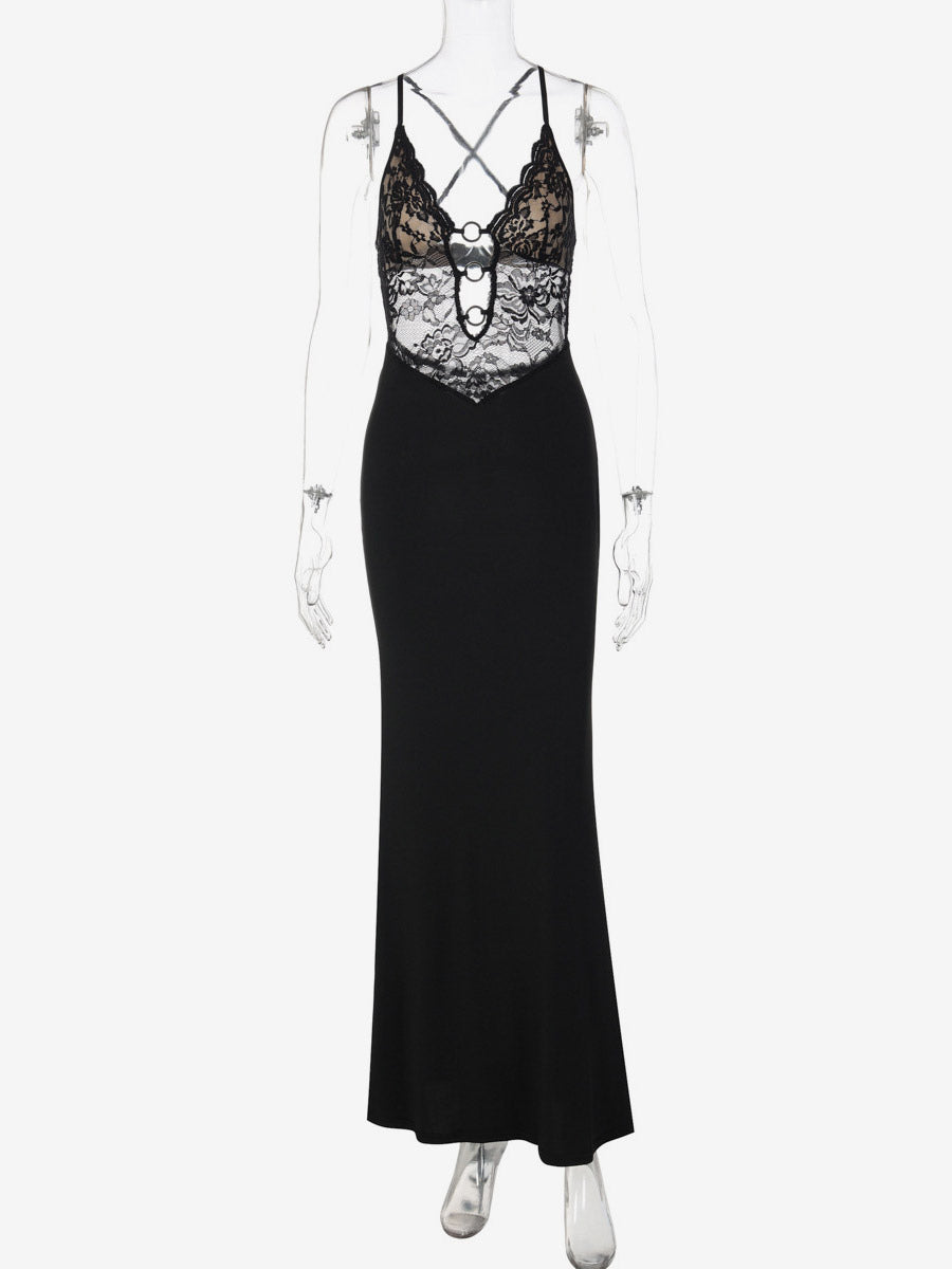 Night Out Dresses Black Criss Cross Back Lace Cutout Maxi Dress Nightclub Evening Gown