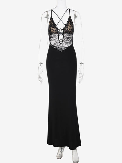 Night Out Dresses Black Criss Cross Back Lace Cutout Maxi Dress Nightclub Evening Gown