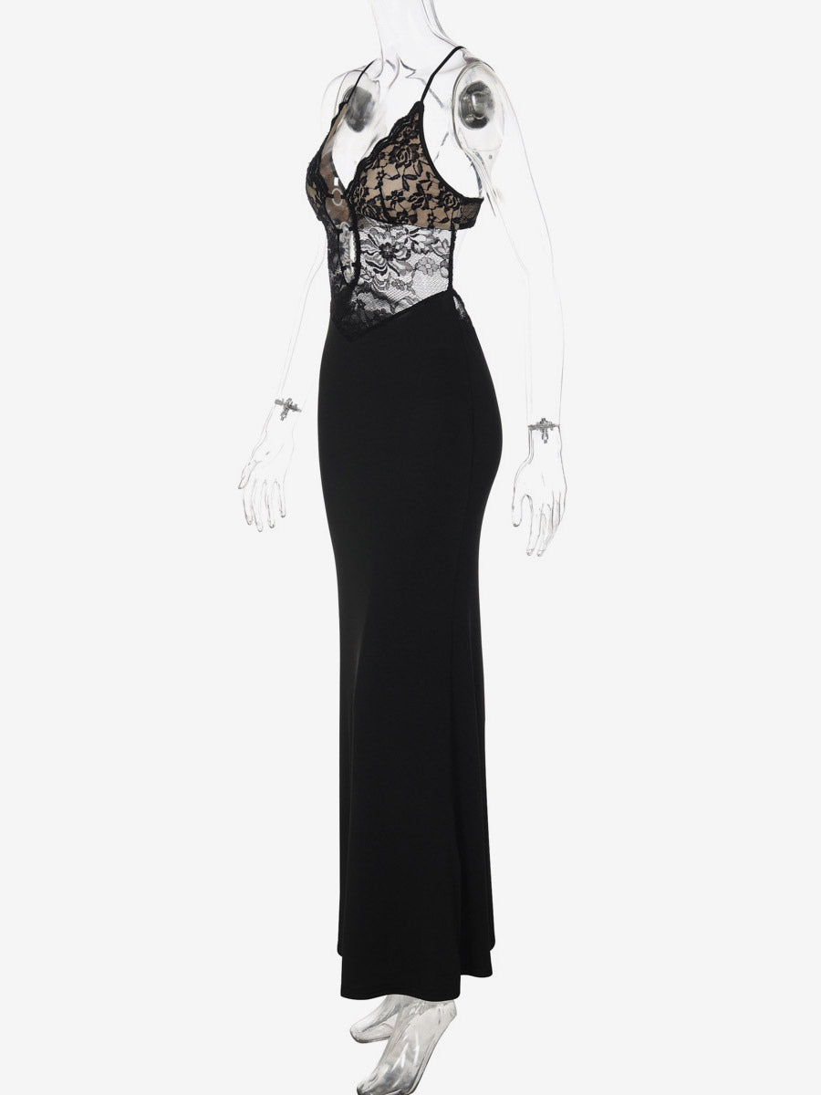 Night Out Dresses Black Criss Cross Back Lace Cutout Maxi Dress Nightclub Evening Gown