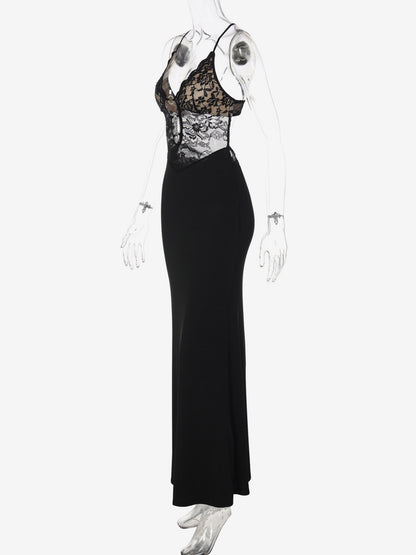 Night Out Dresses Black Criss Cross Back Lace Cutout Maxi Dress Nightclub Evening Gown