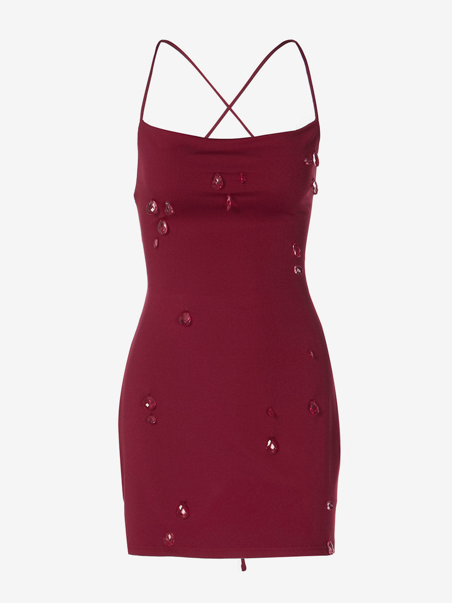 Night Out Dresses Burgundy Rhinestone Criss Cross Back Ruched Bodycon Mini Club Dress