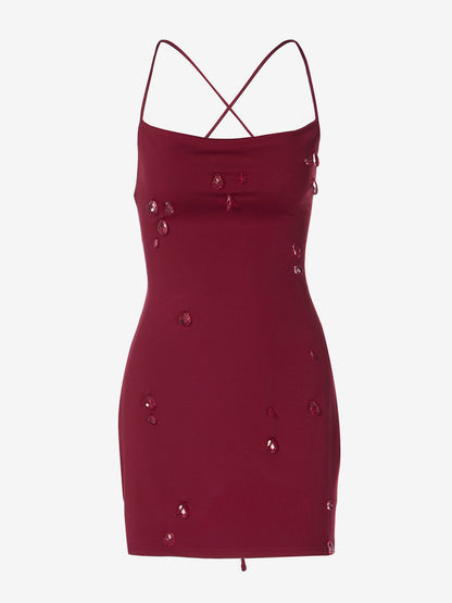Night Out Dresses Burgundy Rhinestone Criss Cross Back Ruched Bodycon Mini Club Dress