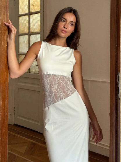 Party Dresses Black White Waist Lace Cutout Sleeveless Bodycon Midi Evening Dress