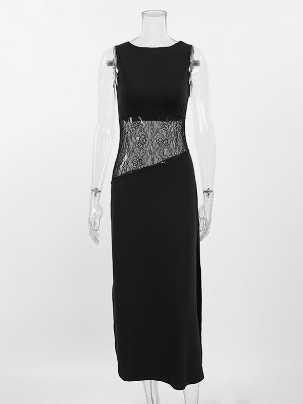 Party Dresses Black White Waist Lace Cutout Sleeveless Bodycon Midi Evening Dress