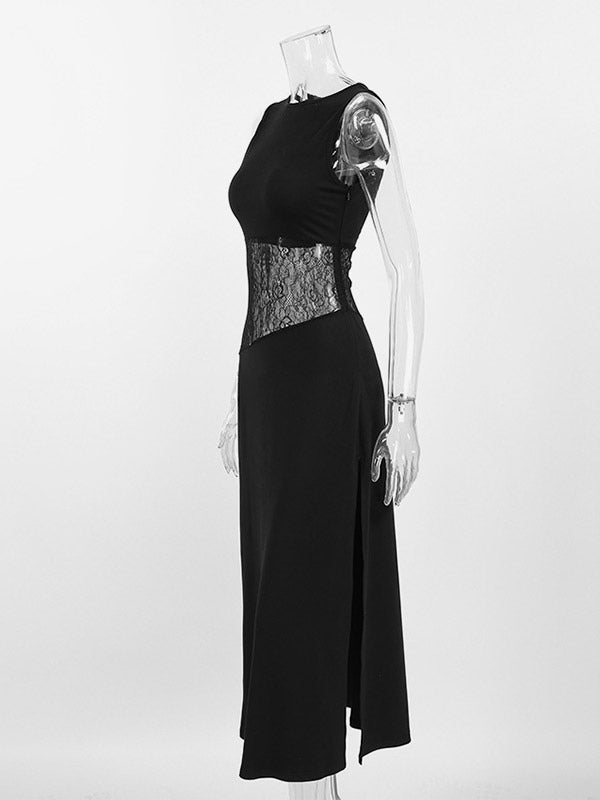 Party Dresses Black White Waist Lace Cutout Sleeveless Bodycon Midi Evening Dress
